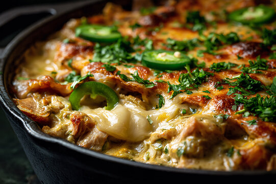 bubbling Southwestern chicken tortilla casserole with cilantro