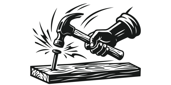 Hand holding a hammer hitting a nail into wood