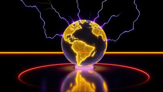Glowing earth illuminated by purple lightning. Red lines create futuristic base, reflection visible below. Dramatic lighting, dark background.