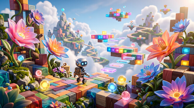 Robot Exploring Floating Color Blocks in Fantasy Game World