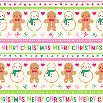 Cute cookies and colorful letters seamless striped design for Christmas and new year holidays background.