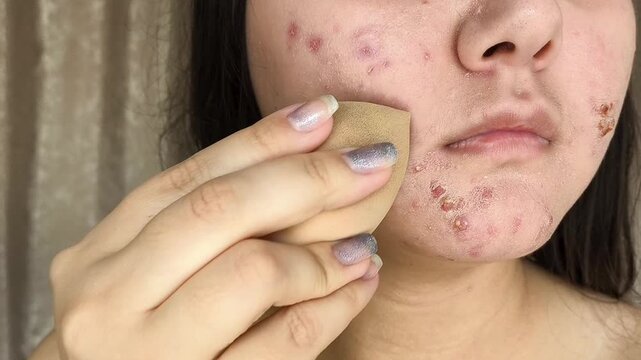 Woman applying foundation with a makeup sponge to inflamed, acne-prone skin, concealing pimples and redness while evening out facial skin tone.
