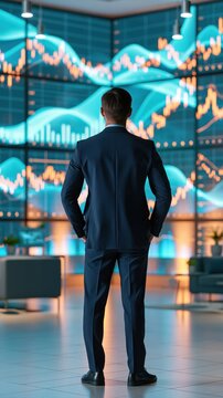 Man in dark suit standing before large digital screen displaying glowing blue and orange financial charts in modern office