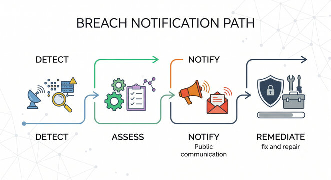 Breach path: detect, assess, notify in 72‑hour, remediate; controller‑processor coordination under GDPR.