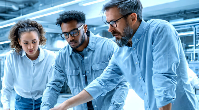  Diverse Team of Automotive Engineers Working in Office at Car Factory. Industrial Designer Talks About Electric Engine Parts with Colleagues.
