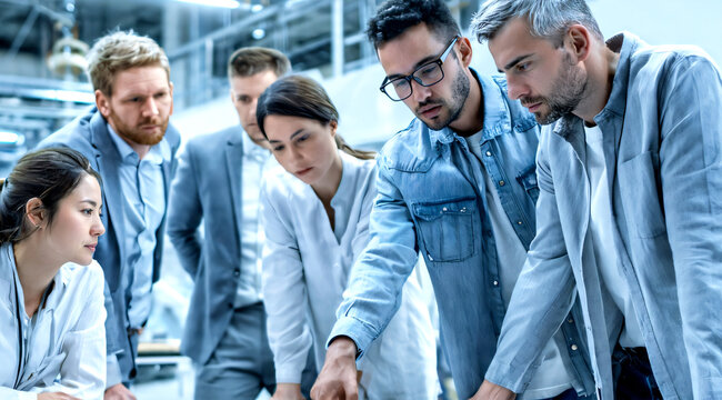 Diverse Team of Automotive Engineers Working in Office at Car Factory. Industrial Designer Talks About Electric Engine Parts with Colleagues.