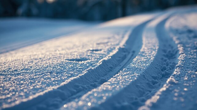 Parallel ski trails carved into a powdery snow surface under golden light