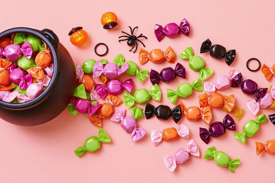Colorful halloween candy spilling from black cauldron on pink background, including wrapped sweets, plastic spider and pumpkin decorations