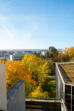 An elevated view across autumn trees and modern buildings in La Defense in Paris France shows seasonal color spreading through the contemporary urban district