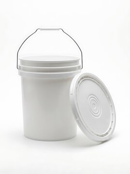 Empty plastic bucket with a lid standing upright for storage and industrial use in a warehouse. 5 gallon pail
