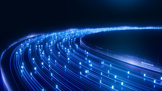 Binary data information flow, Streaming data. Digital Code road, ai, artificial intelligence concept - 3d illustration