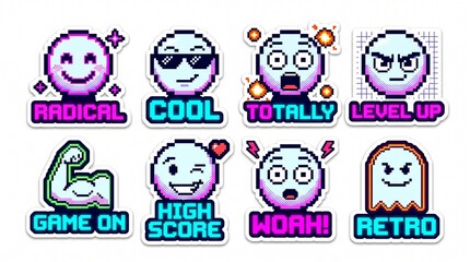 Obraz premium Retro pixel art sticker set featuring gaming emojis and slang text for digital communication, social media, and game design.