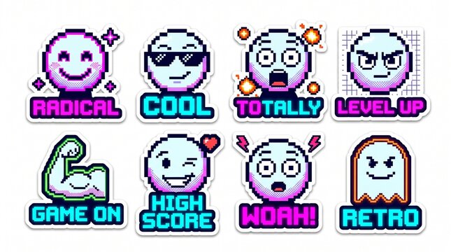 Retro pixel art sticker set featuring gaming emojis and slang text for digital communication, social media, and game design.