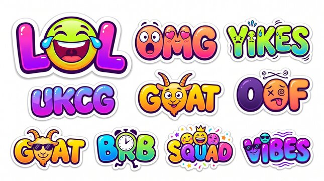 Colorful collection of Gen Z slang stickers with 3D bubble fonts and expressive emojis for social media and digital messaging.