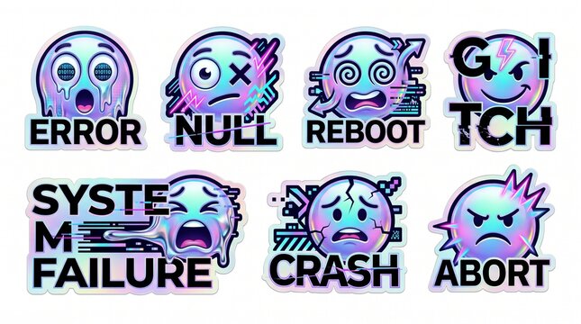 Set of holographic glitch emoji stickers featuring iridescent 3D icons and tech error messages for modern digital UI and graphic design