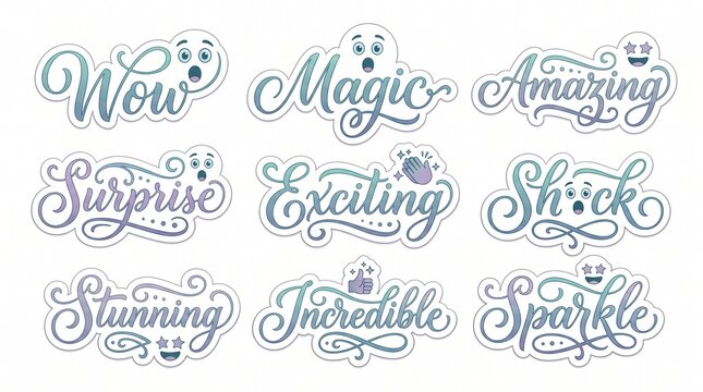 Set of 9 decorative script stickers with blue gradients and cute emoji faces for social media storytelling and creative digital design.