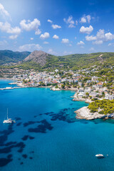 Fototapeta premium Aerial view of the coastal town Agia Marina on the Greek island of Aegina, Saronic Gulf, Greece