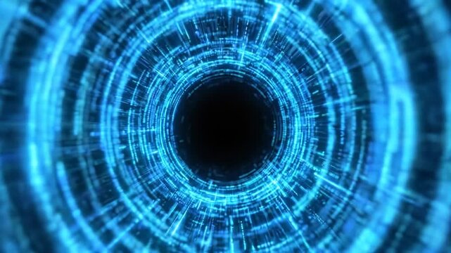Glowing blue neon rings form circular banner on black background. Radiant concentric circles create luminous portal with resonance and infinity for innovation visual, futuristic advertising. 3d render