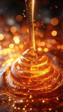 Golden Honey Pouring Into A Pool With Sparkling Bokeh Backlight And Warm Glowing Liquid Texture