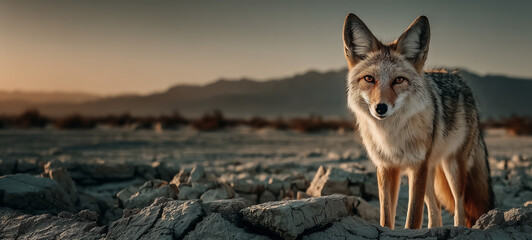 Fototapeta premium Gray and tawny fox among broken earth at dusk