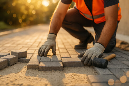 Worker laying rectangular paving blocks beside a rubber mallet