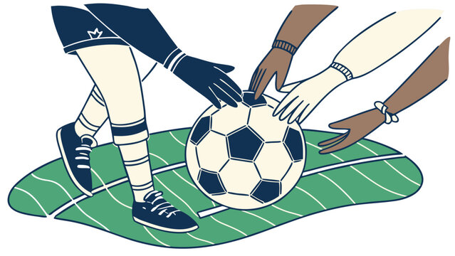 Diverse hands touching soccer ball on green field, World Football Day and teamwork concept, vector illustration