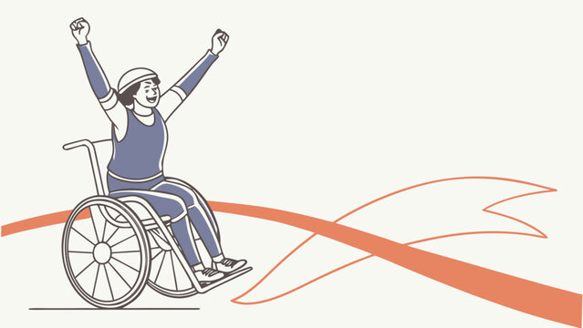 Athlete in wheelchair celebrating victory crossing finish line, International Day of Persons with Disabilities concept, vector illustration