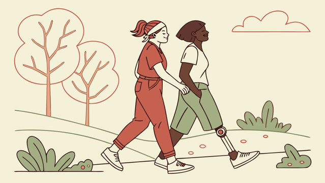 Two diverse friends walking together in park, one woman with prosthetic leg, accessibility and inclusion concept, vector illustration