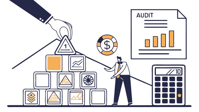 Accountant and hand building pyramid of block charts near audit document, International Accounting Day concept, vector illustration