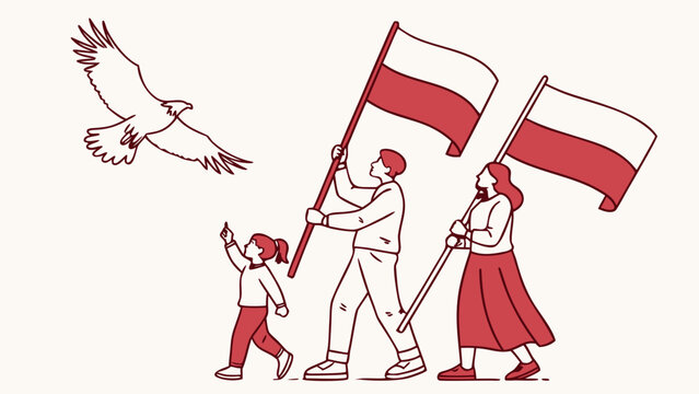 Family holding Polish flags watching white eagle fly, Independence Day in Poland celebration concept, vector illustration
