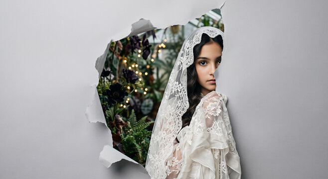 Young woman peeking through a torn white paper background, wearing a delicate lace veil and elegant dress, surrounded by dark flowers. Fashion, beauty, mystery, fine art photography.