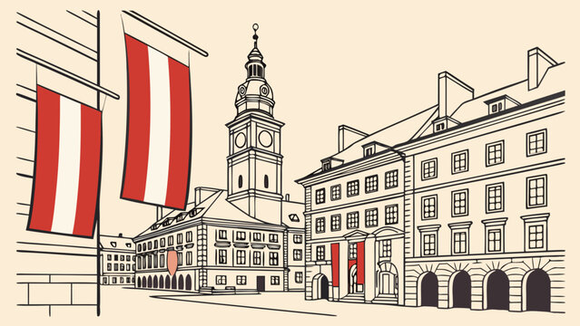 Historic Old Town square with red and white banners, Independence Day in Poland celebration concept, vector illustration