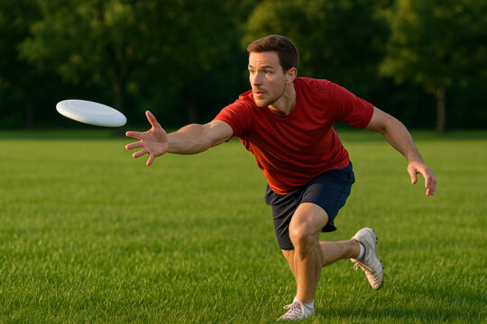 Man reaches forward to catch flying disc in green park