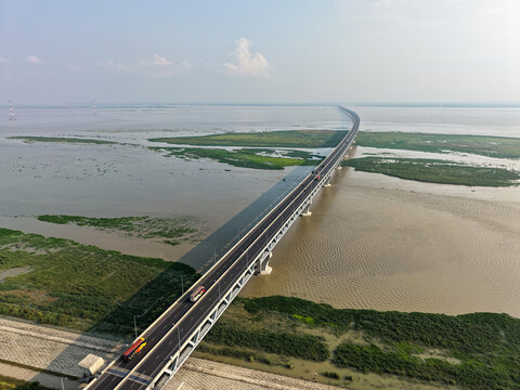Aerial View of Traffic on Padma Multipurpose Bridge Across Padma River, Bangladesh