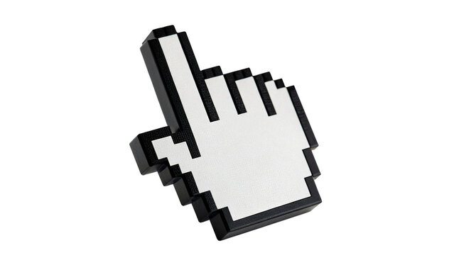 Classic black and white computer mouse pixel hand cursor isolated on transparent background