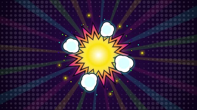 Yellow starburst explodes with colorful comic book style energy on a dark purple background burst explosion comic