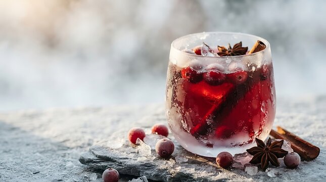 Festive red berry cocktail with cinnamon and star anise garnish on a winter surface berry drink holiday drink cinnamon stick red beverage cranberry drink christmas drink mixed drink cocktail