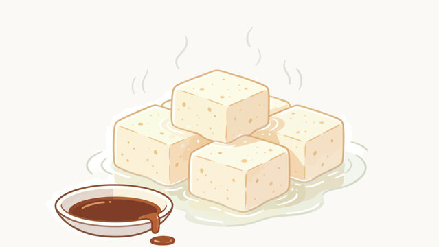 Steaming cubes of fresh soft tofu served on a plate with a side of rich brown dipping sauce, vector