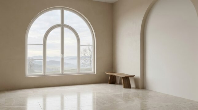 Minimalist interior with large arched window and wooden bench.