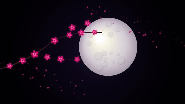 Full Moon Night Scene with Blooming Pink Cherry Blossom Tree Branches and Falling Petals Animation