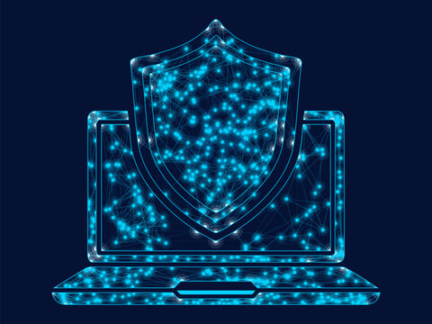 Glowing digital shield protecting laptop screen with modern abstract network connections