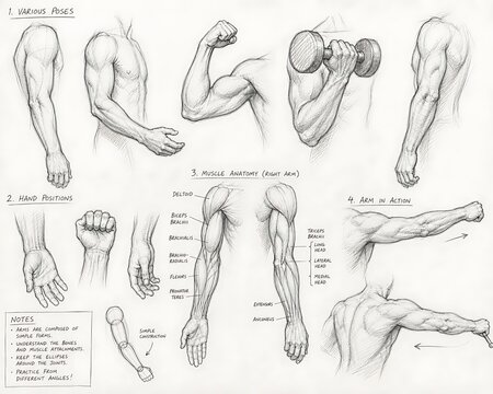 Anatomical study of human arm muscles and poses for drawing