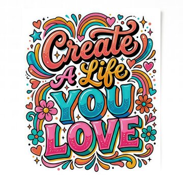 Inspirational Create A Life You Love typography poster, retro groovy hand lettering illustration, colorful motivational quote graphic design
