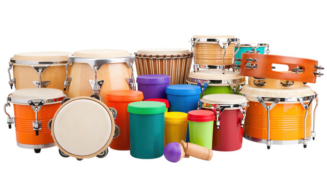 Collection of multicolored percussion instruments with wooden drums and colorful bongo drums isolated on transparent background PNG cutout