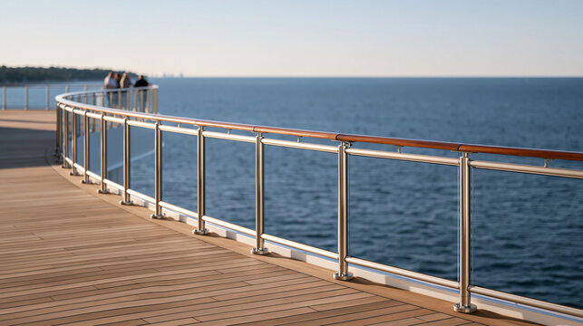 Glass railing on cruise ship observation deck upper level, vast open sea horizon, passengers in distance, nautical infrastructure, marine grade safety barrier, luxury ocean liner