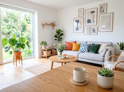 心地よい自然光あふれるモダンリビングで観葉植物のある空間