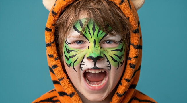 Young boy wearing tiger face paint and animal costume hood, looking at camera with excited expression. Childhood, fun, carnival, party, celebration.