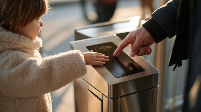 Overhead view of a toddler's hand guided by a parent toward a contactless payment reader at a theme park turnstile, family cashless entry concept, amusement venue background