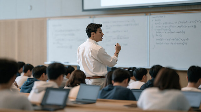 A Korean software engineering lecturer writes recursive algorithm pseudocode across three interconnected whiteboards while students in a capacity-filled computer science