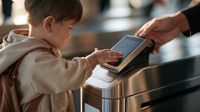 Overhead view of a toddler's hand guided by a parent toward a contactless payment reader at a theme park turnstile, family cashless entry concept, amusement venue background
